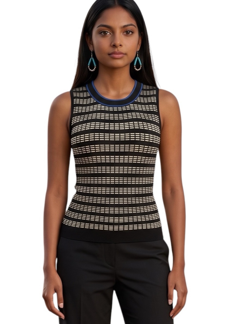 Kasper Women’s Petite Small Black White Blue Rayon Blend Sleeveless Sweater Vest